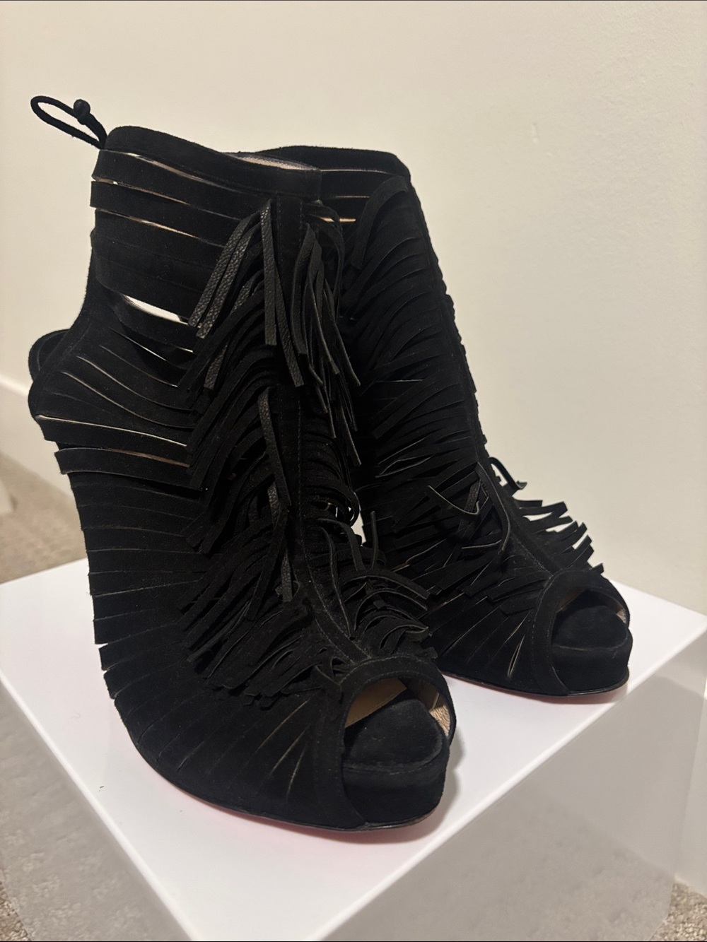 Christian Louboutin Black Suede Fringe Peep-Toe Stilettos - Picture 6 of 8